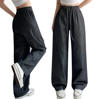 High-Waisted Elastic Raw Denim Summer Cool Jeans Wide Denim Pants