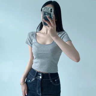 Square Neck Crop Short Sleeve Soft Plain Slim Fit Basic Short Sleeve T-shirt