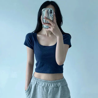 Square Neck Crop Short Sleeve Soft Plain Slim Fit Basic Short Sleeve T-shirt