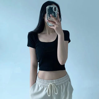 Square Neck Crop Short Sleeve Soft Plain Slim Fit Basic Short Sleeve T-shirt