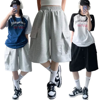 *Basic & Cargo Selection*  High-Waisted Pintuck & Cargo Shorts Summer Elastic Bermuda Pants