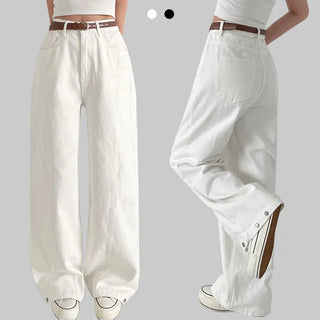 Hidden Elastic Waist Side Hem Detail Snap Button Cotton Elastic Wide Pants