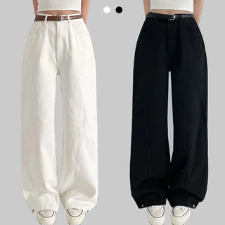 Hidden Elastic Waist Side Hem Detail Snap Button Cotton Elastic Wide Pants