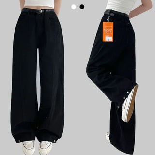 Hidden Elastic Waist Side Hem Detail Snap Button Cotton Elastic Wide Pants