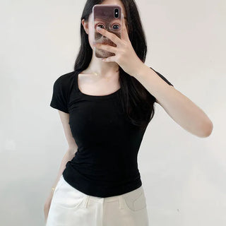 Figure-flattering, stretchy U-neck Modal Slim Fit Skinny Fit Short Sleeve T-shirt