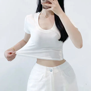 Asymmetrical U-Round Short Sleeve Figure-Pretty Stretchy U-Neck Modal Slim Fit Mala Fit Short Sleeve T-shirt