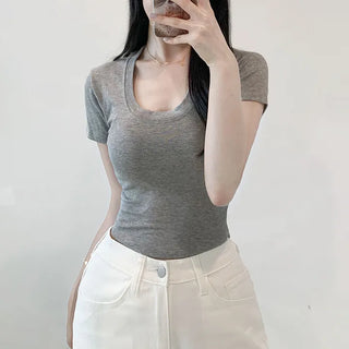 Asymmetrical U-Round Short Sleeve Figure-Pretty Stretchy U-Neck Modal Slim Fit Mala Fit Short Sleeve T-shirt