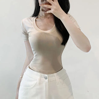 Asymmetrical U-Round Short Sleeve Figure-Pretty Stretchy U-Neck Modal Slim Fit Mala Fit Short Sleeve T-shirt