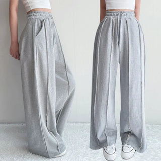 Double-Row Raw Tender Detail Super Slim Cotton Autumn Elastic Waist Wide Pants