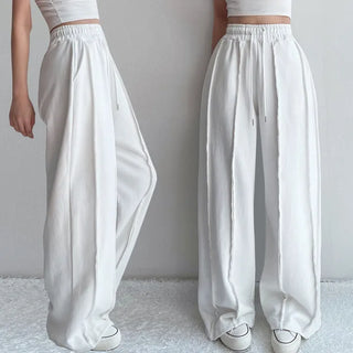 Double-Row Raw Tender Detail Super Slim Cotton Autumn Elastic Waist Wide Pants