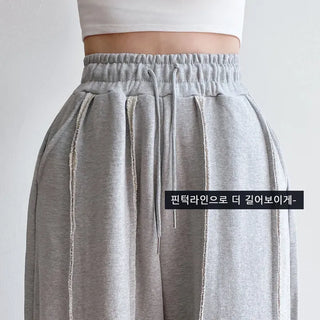 Double-Row Raw Tender Detail Super Slim Cotton Autumn Elastic Waist Wide Pants