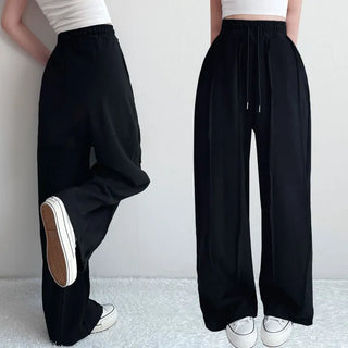 Double-Row Raw Tender Detail Super Slim Cotton Autumn Elastic Waist Wide Pants