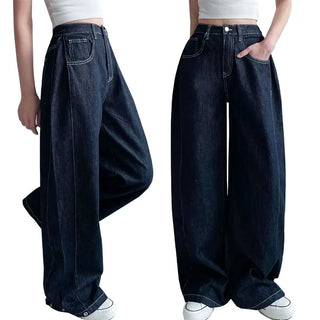 Side Pintuck High-Waisted Cotton Stitch Jeans Snap Button Raw Denim Wide Long Denim Pants