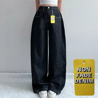 Side Pintuck High-Waisted Cotton Stitch Jeans Snap Button Raw Denim Wide Long Denim Pants