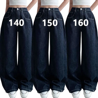 Side Pintuck High-Waisted Cotton Stitch Jeans Snap Button Raw Denim Wide Long Denim Pants