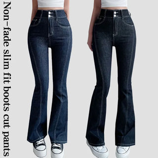 Non-Faded Two-Button Raw Denim Bootcut Pants Hip Pads Stretch Jeans High-Waisted Long Bootcut Denim Pants