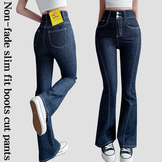 Non-Faded Two-Button Raw Denim Bootcut Pants Hip Pads Stretch Jeans High-Waisted Long Bootcut Denim Pants