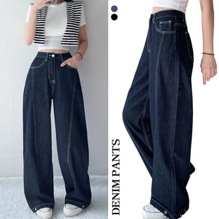 Side Cut High-Waisted Cotton Stitch Jeans Snap Buttons Raw Denim Wide Long Denim Pants