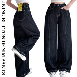 Side Cut High-Waisted Cotton Stitch Jeans Snap Buttons Raw Denim Wide Long Denim Pants