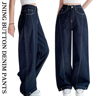 Side Cut High-Waisted Cotton Stitch Jeans Snap Buttons Raw Denim Wide Long Denim Pants