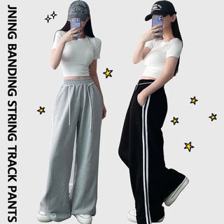 Double-Row Point Super Slim Fit Cotton Autumn Elastic Waistband Two-Line Track Long Wide Pants
