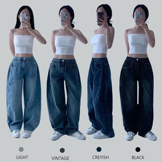 High-waisted Vintage Washed Pintuck Cotton Jeans Snap Buttons High-waisted Long Wide Denim Pants
