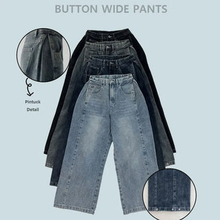 High-waisted Vintage Washed Pintuck Cotton Jeans Snap Buttons High-waisted Long Wide Denim Pants