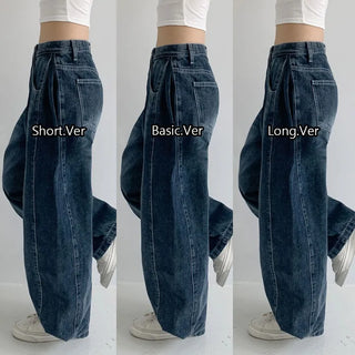 High-waisted Vintage Washed Pintuck Cotton Jeans Snap Buttons High-waisted Long Wide Denim Pants