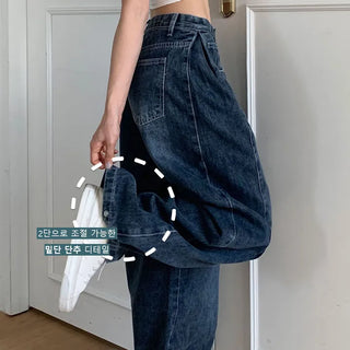 High-waisted Vintage Washed Pintuck Cotton Jeans Snap Buttons High-waisted Long Wide Denim Pants