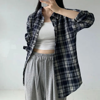 Oversized Check Shirt Strawberry Cream Cheese Autumn Loose Fit Shirt Pastel Daily Collared Check Shirt