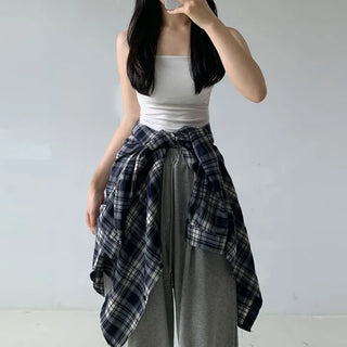 Oversized Check Shirt Strawberry Cream Cheese Autumn Loose Fit Shirt Pastel Daily Collared Check Shirt