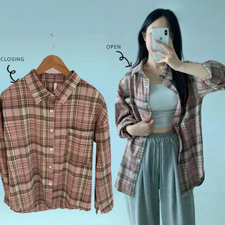 Oversized Check Shirt Strawberry Cream Cheese Autumn Loose Fit Shirt Pastel Daily Collared Check Shirt