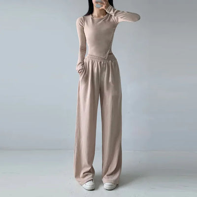 Diagonal Asymmetrical Two-Piece Set Autumn Slim Fit T-shirt Elastic Waist Wide Pants Training Set