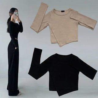 Diagonal Asymmetrical Two-Piece Set Autumn Slim Fit T-shirt Elastic Waist Wide Pants Training Set