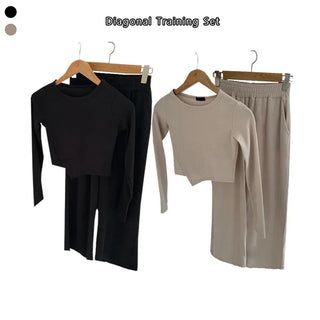 Diagonal Asymmetrical Two-Piece Set Autumn Slim Fit T-shirt Elastic Waist Wide Pants Training Set