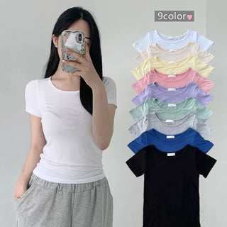 Round Short Sleeve Soft Plain Slim Fit Basic Short Sleeve T-Shirt
