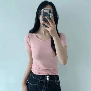 Round Short Sleeve Soft Plain Slim Fit Basic Short Sleeve T-Shirt