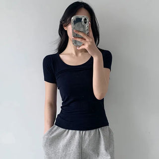 Round Short Sleeve Soft Plain Slim Fit Basic Short Sleeve T-Shirt