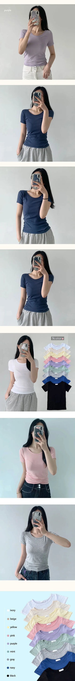 Round Short Sleeve Soft Plain Slim Fit Basic Short Sleeve T-Shirt