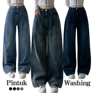 High-waisted Hidden Elastic Waist Wide Denim Pants  Autumn Pintuck Jeans