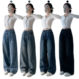 High-waisted Hidden Elastic Waist Wide Denim Pants  Autumn Pintuck Jeans