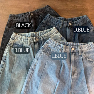 High-waisted Hidden Elastic Waist Wide Denim Pants  Autumn Pintuck Jeans