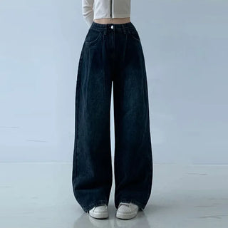 High-waisted Hidden Elastic Waist Wide Denim Pants  Autumn Pintuck Jeans