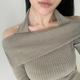 Halterneck Off-shoulder Knit Set Autumn  Slim Feminine Long Sleeve Crop Halter Tee Sexy Slim Fit Ribbed Daily Top