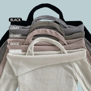 Halterneck Off-shoulder Knit Set Autumn  Slim Feminine Long Sleeve Crop Halter Tee Sexy Slim Fit Ribbed Daily Top