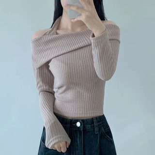 Halterneck Off-shoulder Knit Set Autumn  Slim Feminine Long Sleeve Crop Halter Tee Sexy Slim Fit Ribbed Daily Top