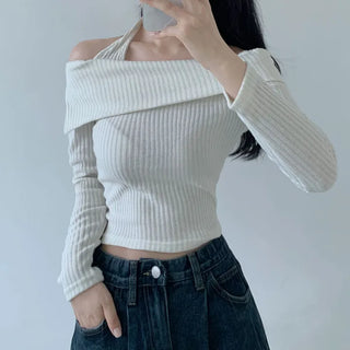 Halterneck Off-shoulder Knit Set Autumn  Slim Feminine Long Sleeve Crop Halter Tee Sexy Slim Fit Ribbed Daily Top