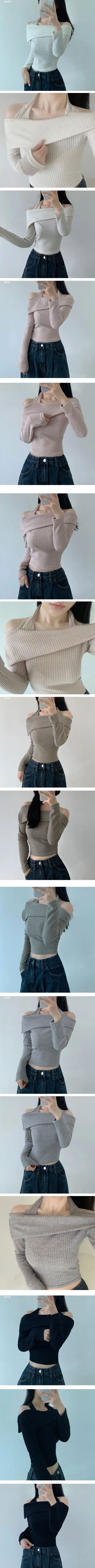 Halterneck Off-shoulder Knit Set Autumn  Slim Feminine Long Sleeve Crop Halter Tee Sexy Slim Fit Ribbed Daily Top