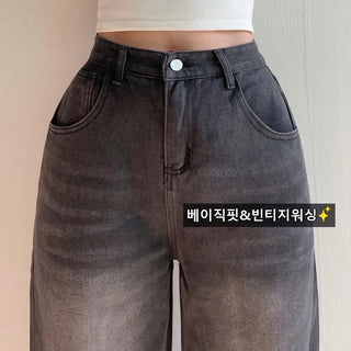 Basic Fit Autumn High-Waisted Vintage Wash Denim Pants Regular Fit Cotton Jeans Dark Blue