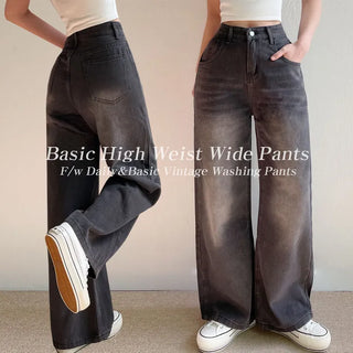Basic Fit Autumn High-Waisted Vintage Wash Denim Pants Regular Fit Cotton Jeans Dark Blue